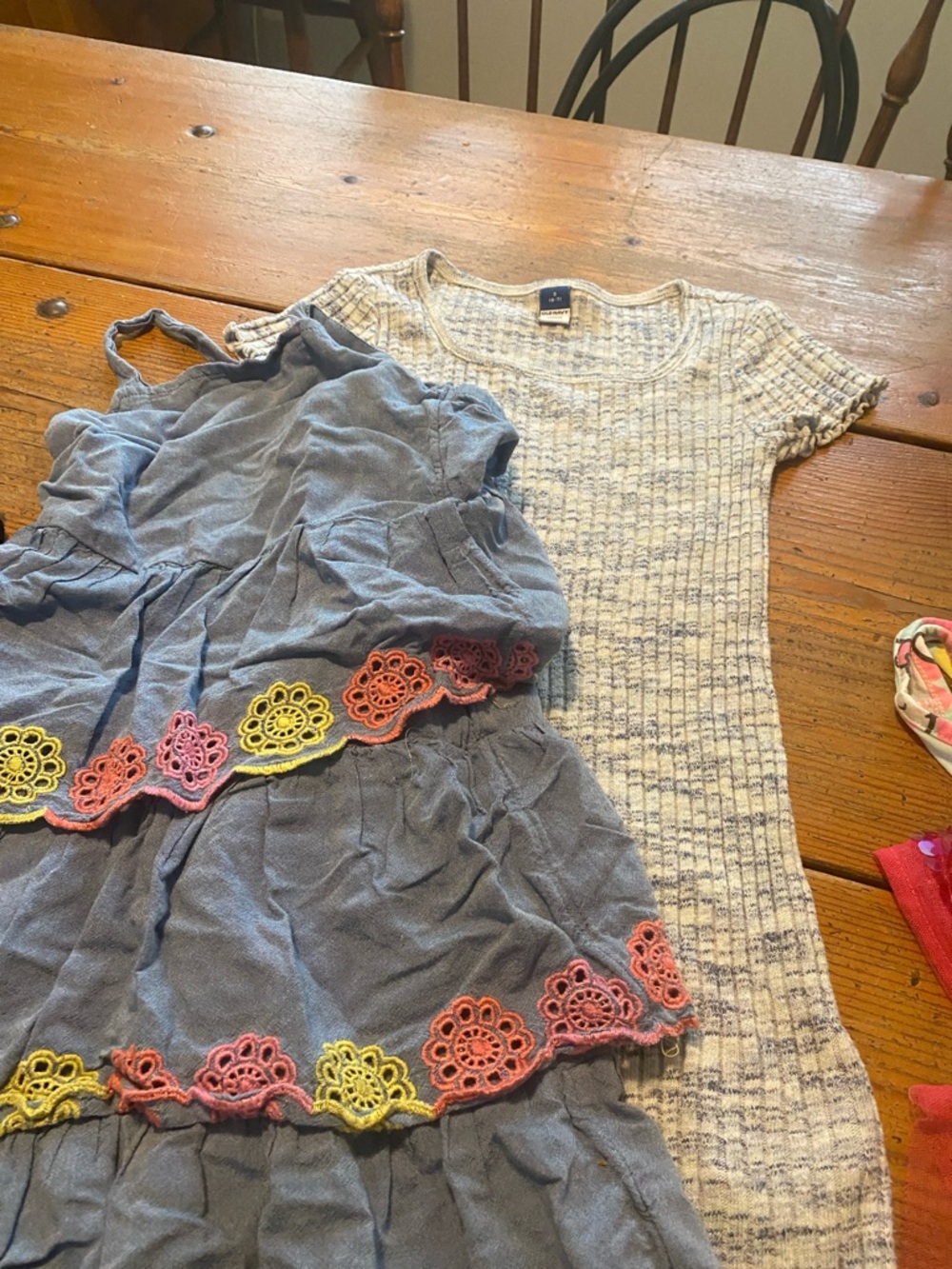 Old Navy Blue Tiered Dress with Pink and Yellow Crochet Trim